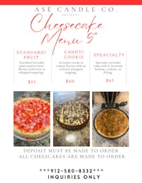 a flyer for the cheesecake menu at ase candle co